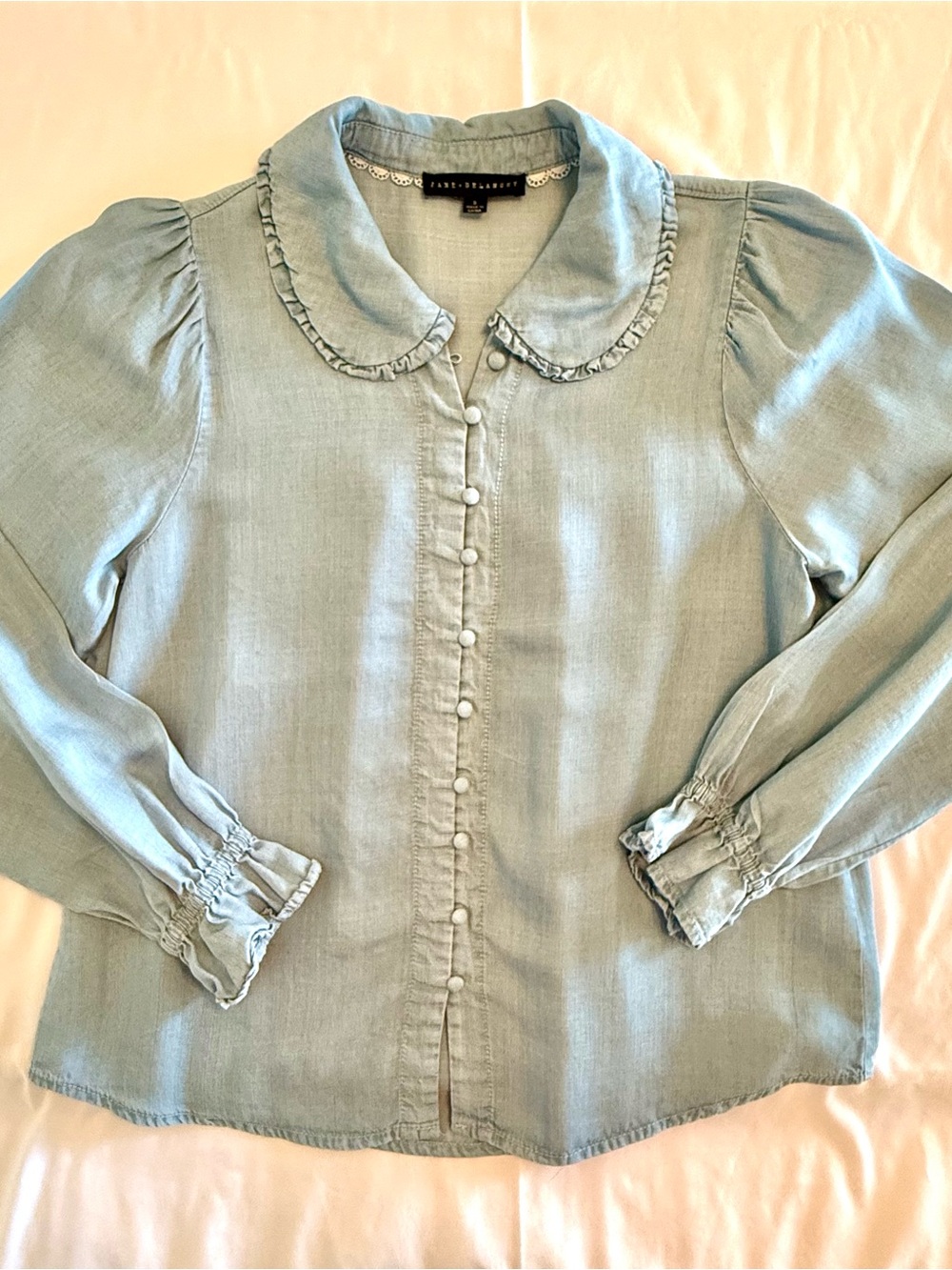 Jane and Delancey Light Blue Ruffle-Trim Button Front Blouse. Size Small